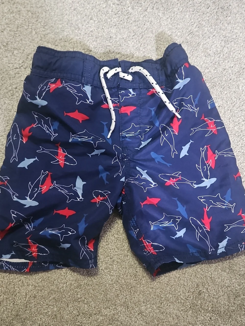 OshKosh B'gosh Navy Shark Print Swim Shorts with Red and Light Blue Accents